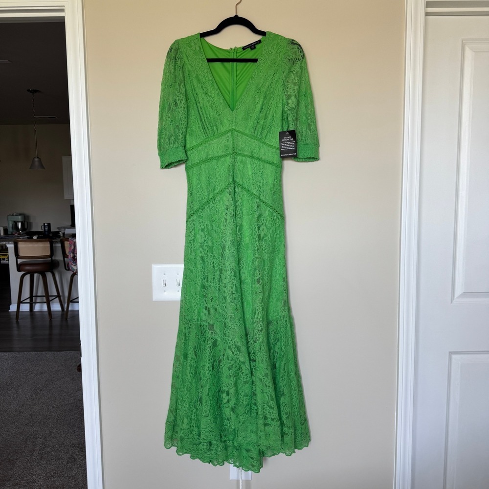 Boston Proper Green Lace V-Neck Maxi Dress Tiered High-Low Size 8